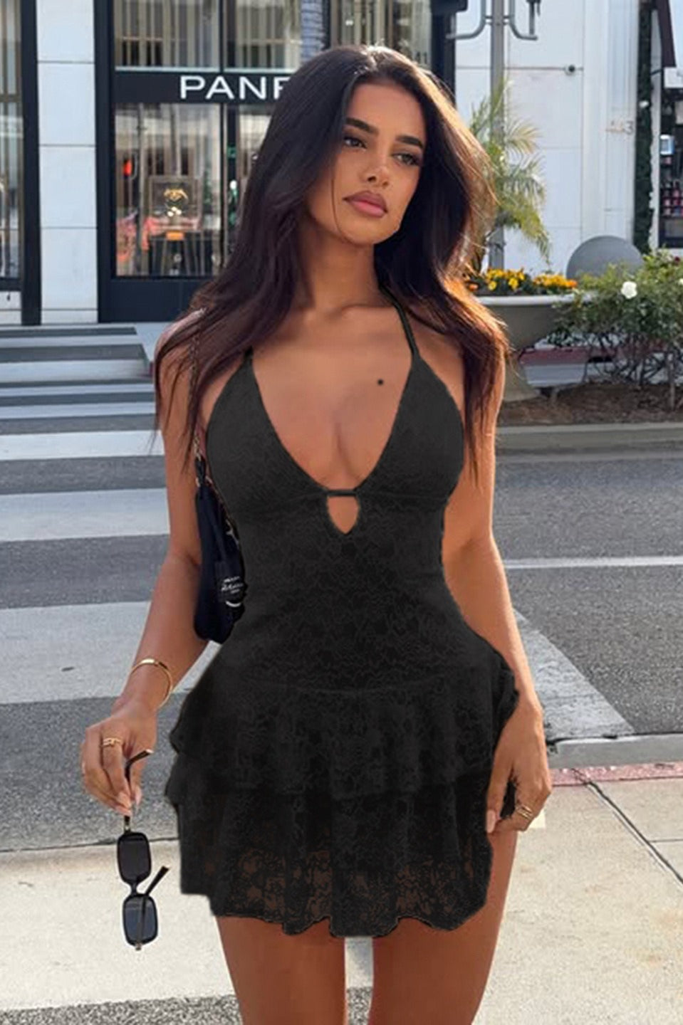 V Neck Halter Bodycon Mini Lace Dress