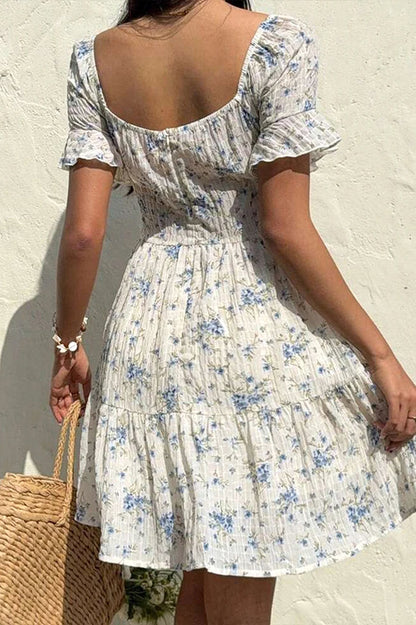 Lace-Up V-Neck Backless Floral Dress