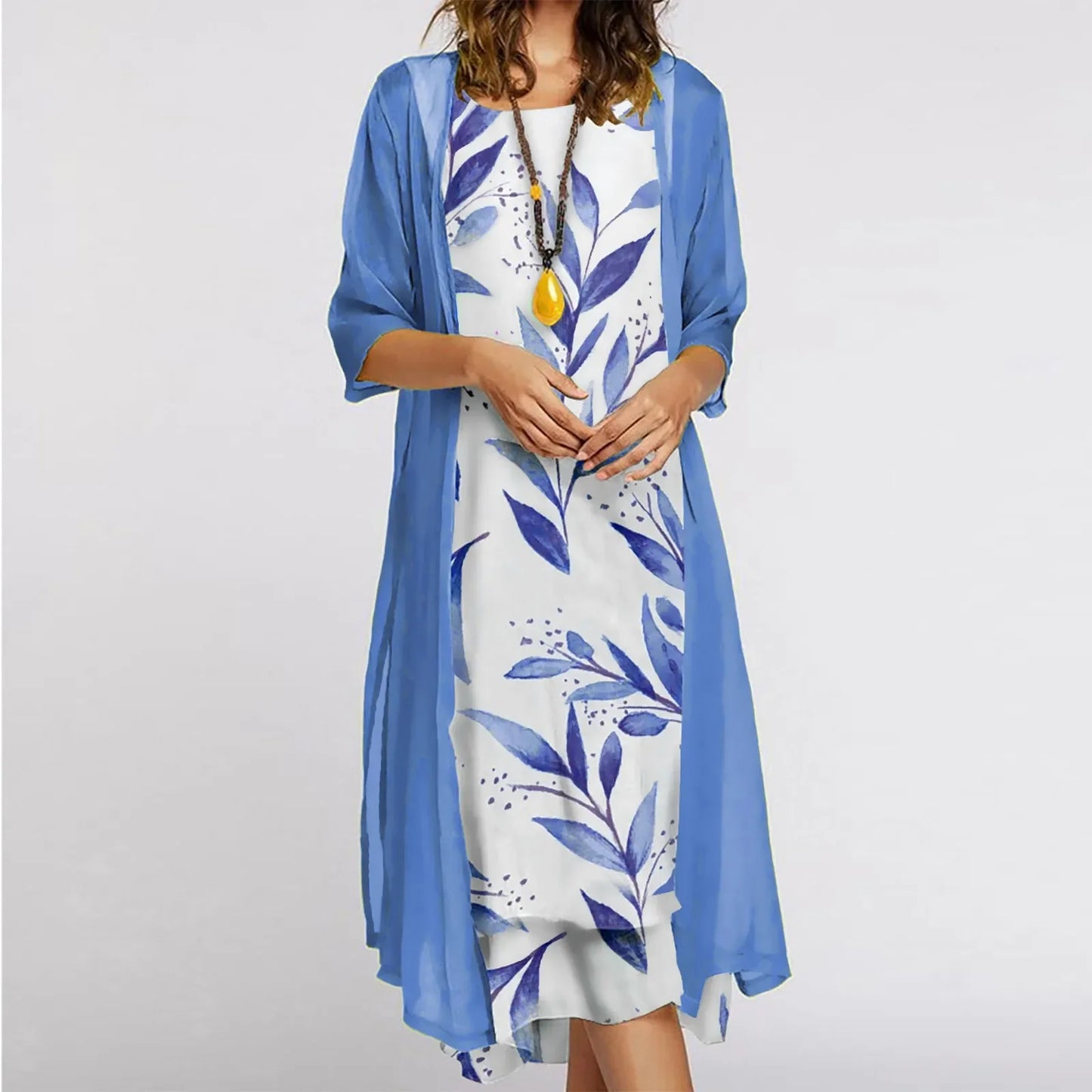 Vintage Kaftan Flower Ink Painting With Cardigan Shawl Sets Tunic Casual Women's Dress