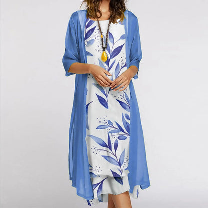 Vintage Kaftan Flower Ink Painting With Cardigan Shawl Sets Tunic Casual Women's Dress