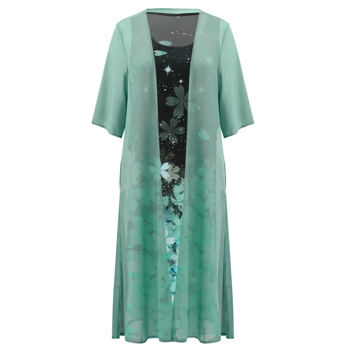 Vintage Kaftan Flower Ink Painting With Cardigan Shawl Sets Tunic Casual Women's Dress