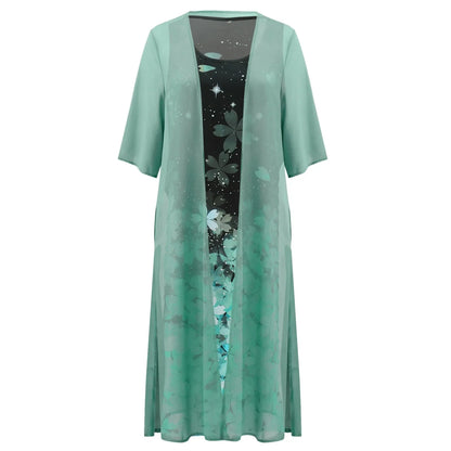 Vintage Kaftan Flower Ink Painting With Cardigan Shawl Sets Tunic Casual Women's Dress