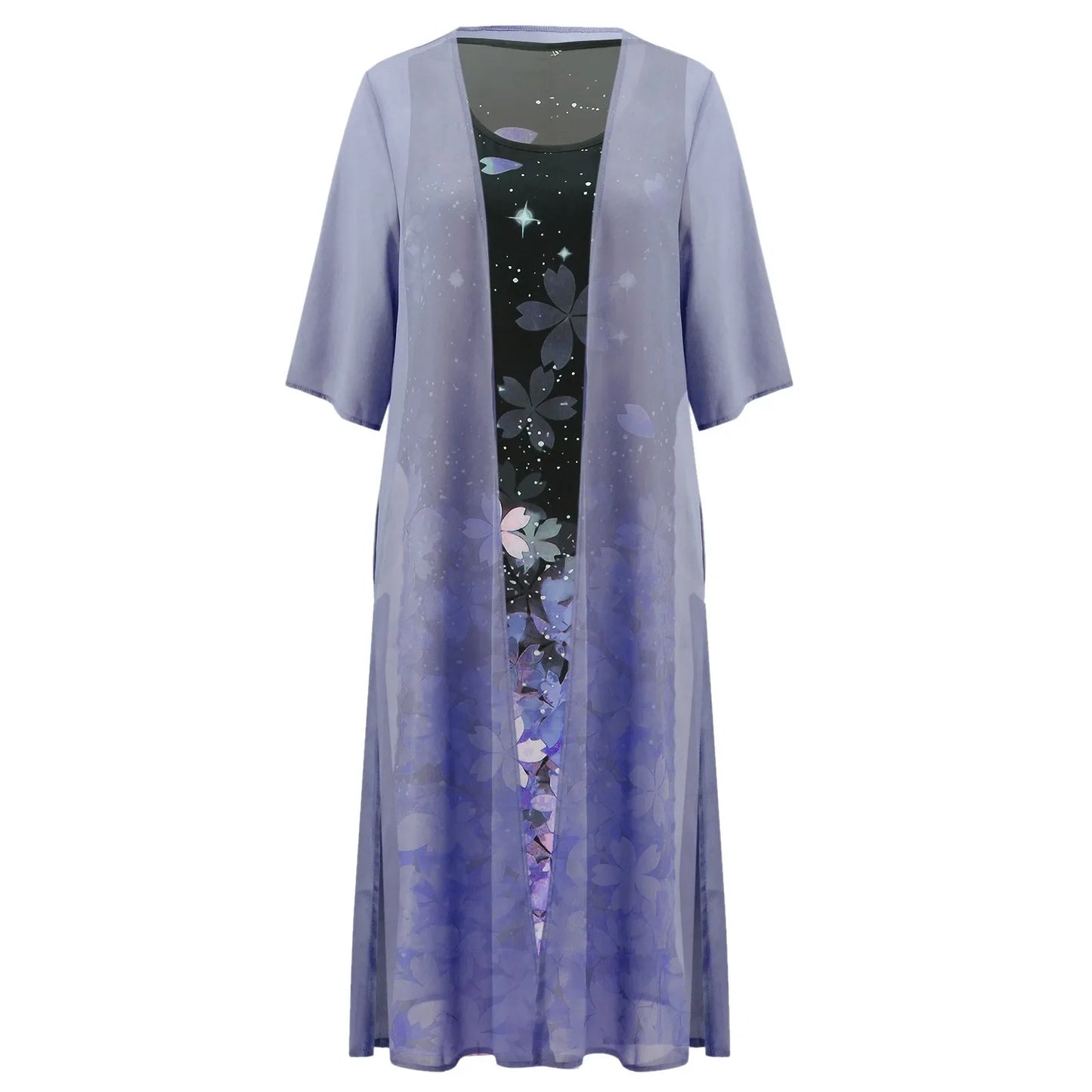 Vintage Kaftan Flower Ink Painting With Cardigan Shawl Sets Tunic Casual Women's Dress