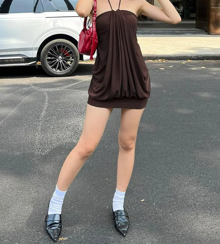 Halter Ruched Backless Solid Mini Dress