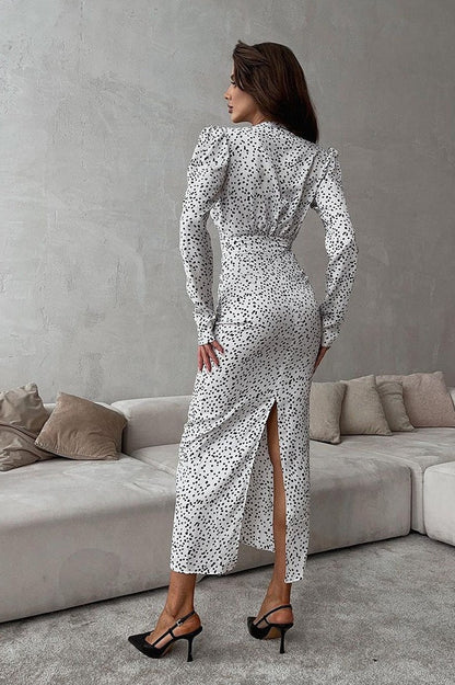 Polka Dot Floral V-Neck Puff Sleeve Maxi Dress