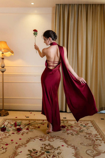 Satin Halter Low-Back Party Dress