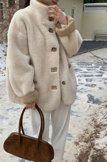 Stand Collar Faux Shearling Cropped Coat