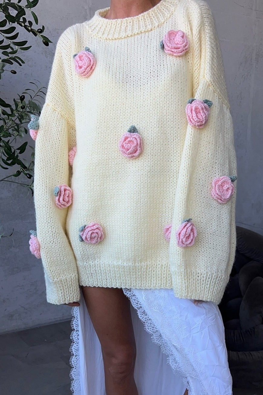 3D Floral Appliqué Knit Sweater