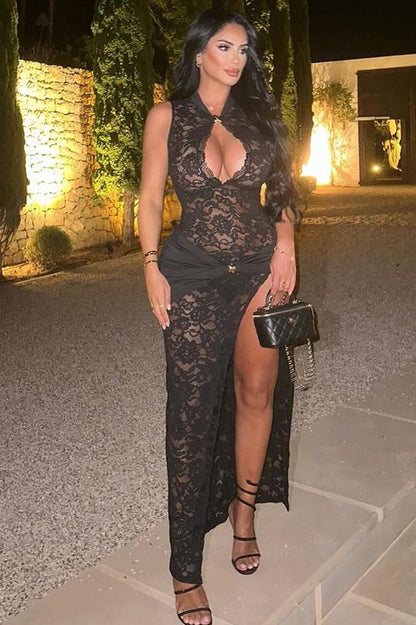 Sexy Lace High Split Sleeveless Lace Dress
