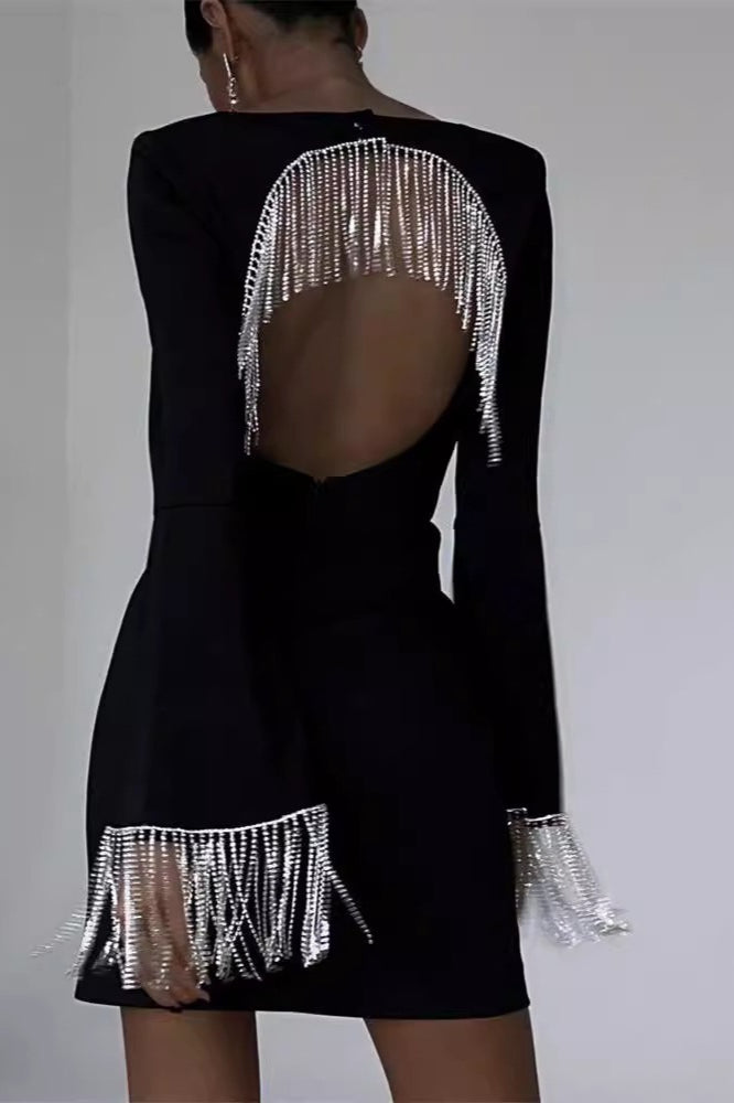 Chic Black Fringe Back Cutout Bell Sleeve Midi Cocktail Dress