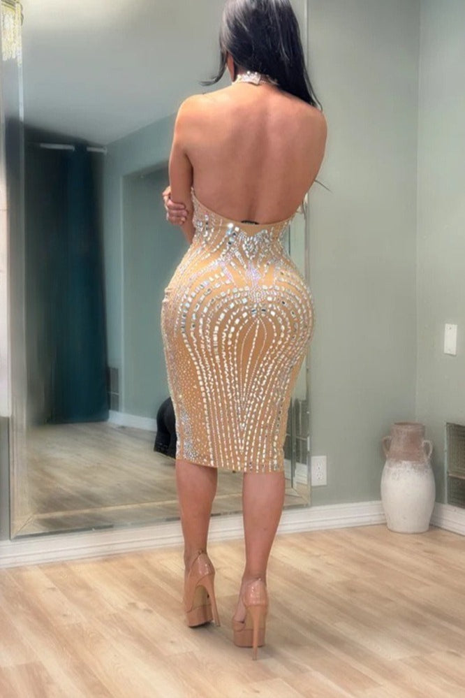 Backless Sleeveless Rhinestone Mesh Milk Silk Cocktail Dress