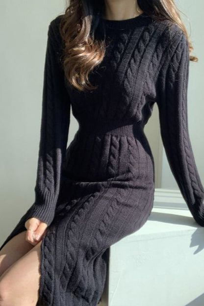 Ribbed Reversible Crewneck Split Hem Sweater Dress