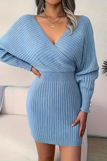 Elegant Cross V Neck Batwing Sleeve Bodycon Sweater Dress