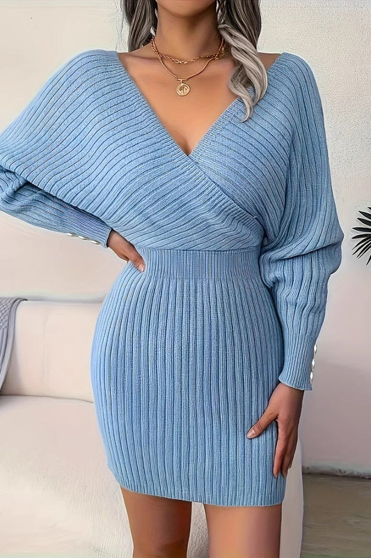 Elegant Cross V Neck Batwing Sleeve Bodycon Sweater Dress