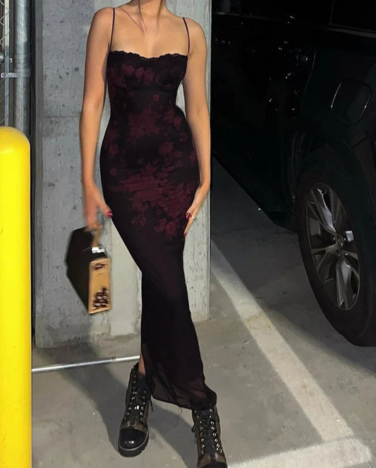 Lace Red Wrap Chest Backless Floral Dress