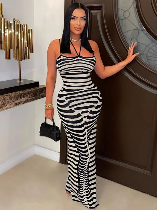 Striped Sleeveless Spaghetti Party Dress