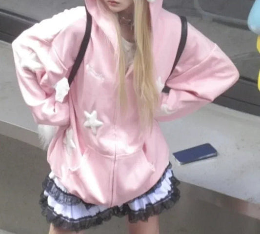 Star Print Zip Up Hoodie