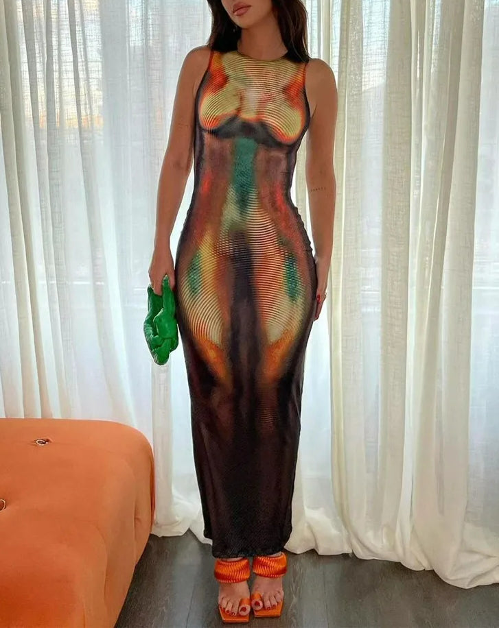 Multicolor Print Sleeveless Maxi Dress