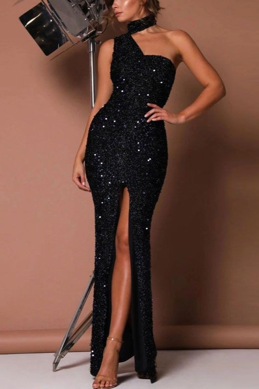 Sweet Strapless Sequin High Waist Black Long Sequin Dress