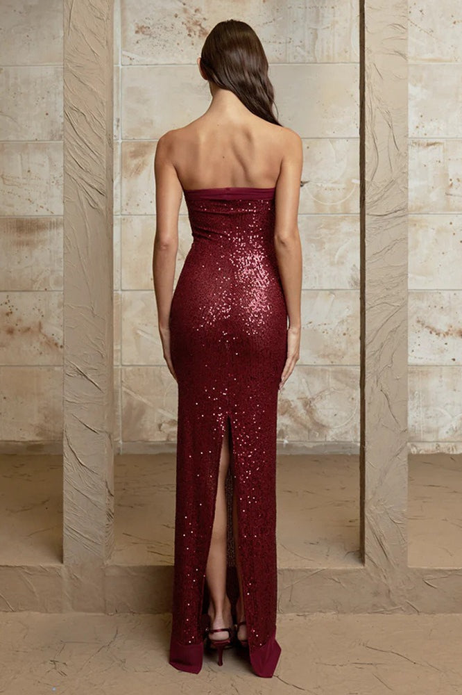 Elegant Bandeau Slim Split Backless Maxi Sequin Dress