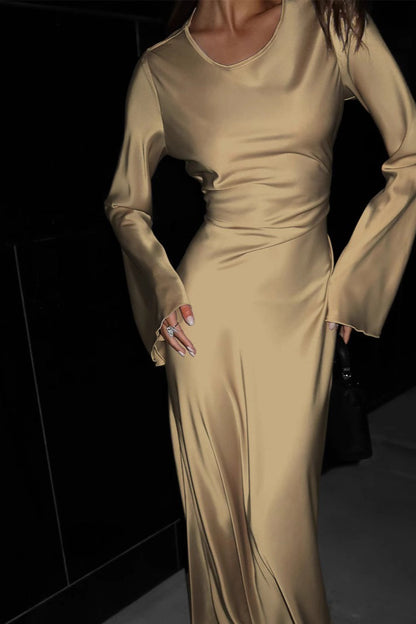 Round Neck Long Sleeve Tie-Waist Silk Dress