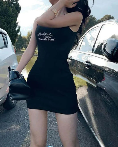 Ribbed Letter Print Bodycon Mini Dress