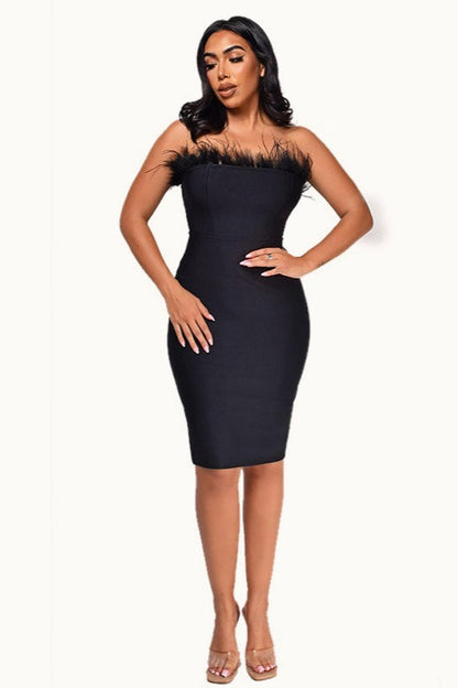 Solid Backless Sleeveless Feather Strapless Bodycon Cocktail Dress