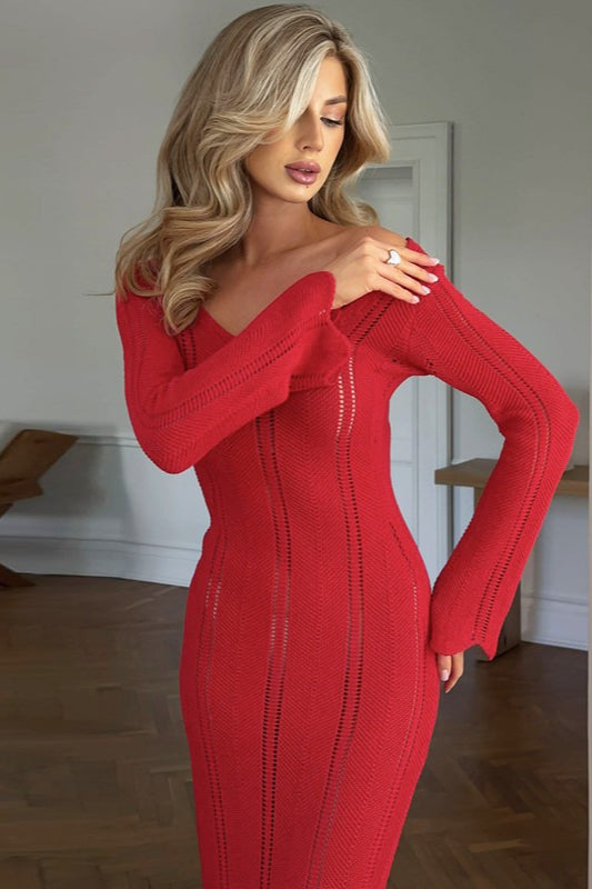 U Neck Long Sleeve Knit Work Dress