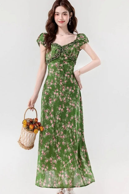 Retro Slim Green V-Neck Floral Dress
