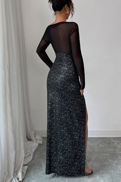 Elegant High Neck Long Sleeve Maxi Sequin Dress