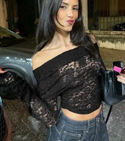 Skew Collar Lace Crop Sheer Top