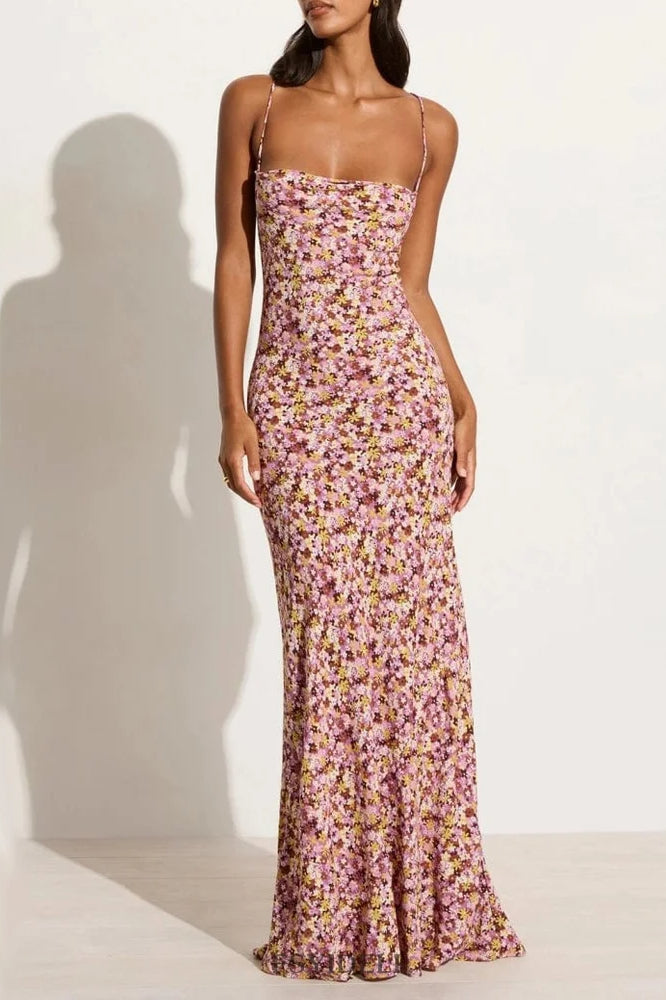 Printed Square Neck Sleeveless Floral Dress