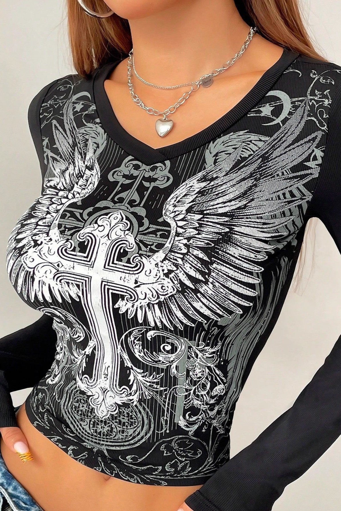 Gothic Wing Print V-Neck T-Shirt