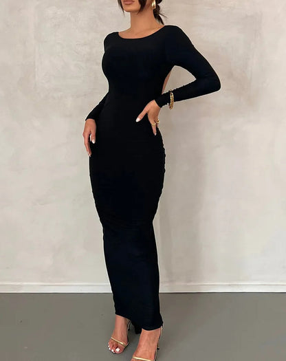 Draped Backless Long Sleeve Maxi Dress