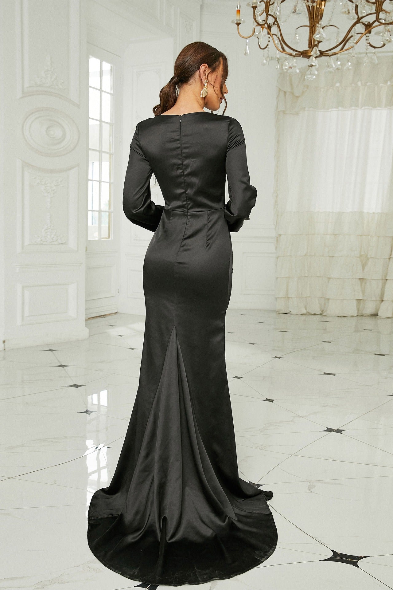 Sexy Elegant Long Sleeve Satin Crew Neck Split Formal Dress