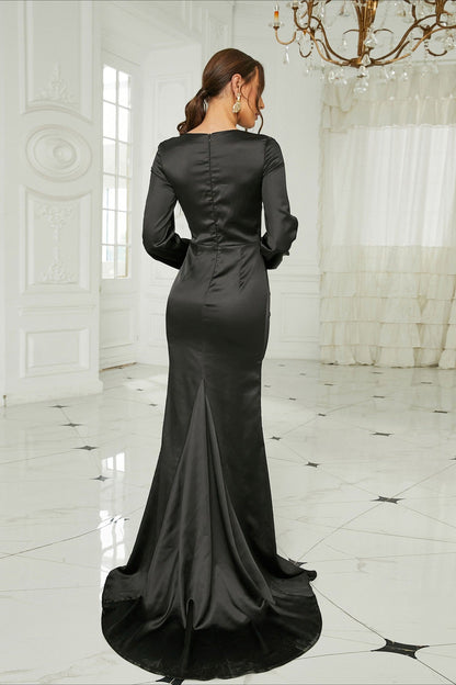 Sexy Elegant Long Sleeve Satin Crew Neck Split Formal Dress