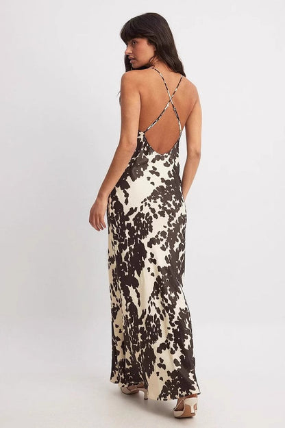 Fashion Satin Print Midi Silk Dress