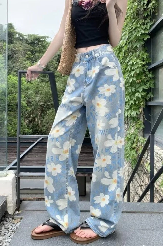 Floral Print Baggy Denim Jeans