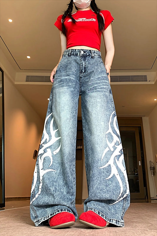 Blade Print Distressed Straight Leg Jeans