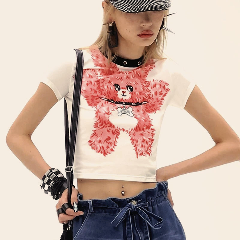 White Short Sleeve O-Neck Patchwork Crop Top