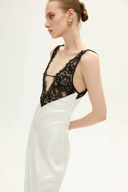 Elegant Deep V Lace Patchwork Lace Dress