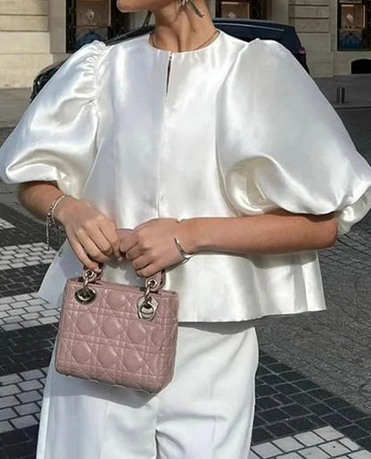 Satin Lantern Sleeve Ruffle Blouse