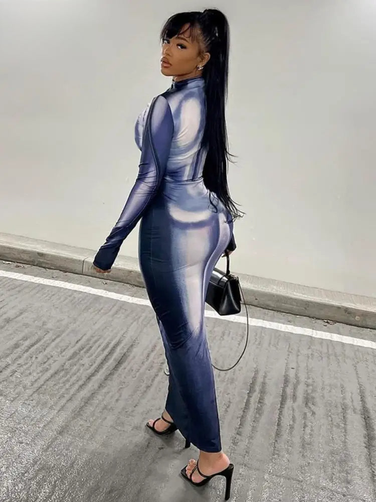 3D Print Stand Collar Maxi Party Dress