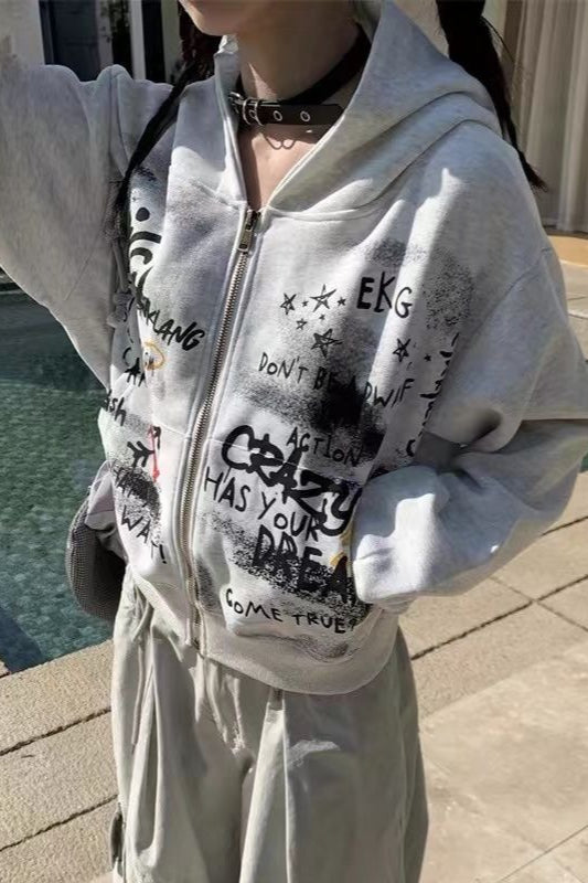 Gray Graffiti Hooded Zip-Up Cropped Hoodie