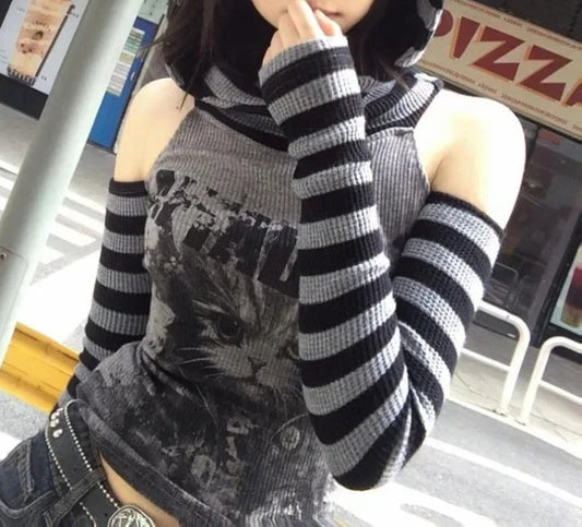 Cat Print Patchwork Hoodie