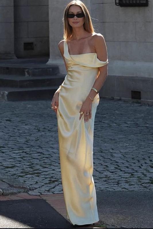 Solid Color Asymmetrical Shoulder Backless Strapless Sexy Formal Dress