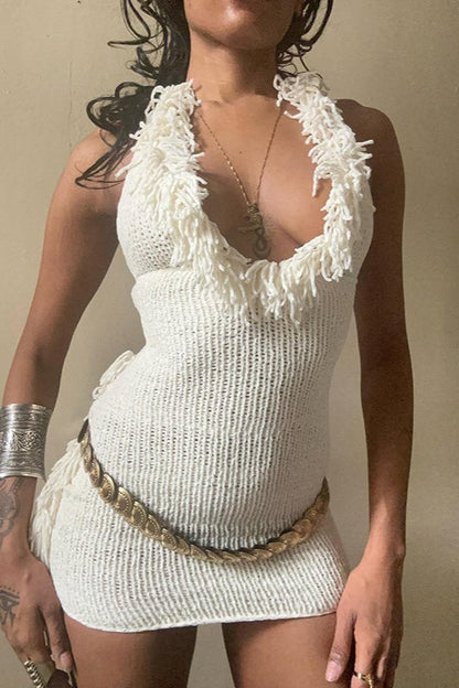 Fringe Deep V Halter Tie Backless Bodycon Knit Dress