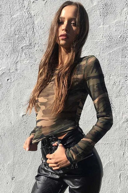 Long Sleeve Camo Print Crop Top