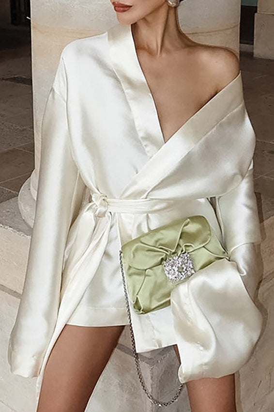 Elegant Satin Long Sleeve V Neck Tie Sexy Cocktail Dress