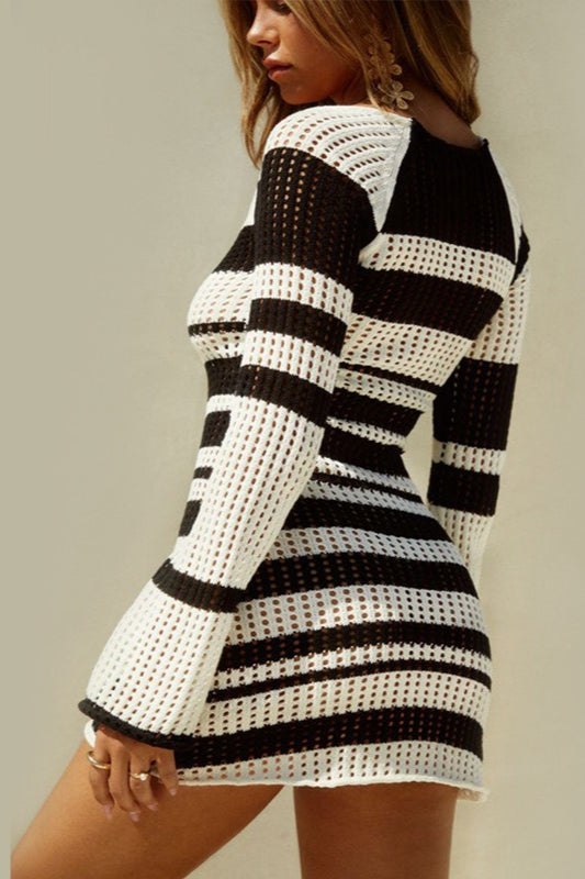 Striped Color-Block U-Neck Sexy Long-Sleeve Knit Sweater Dress